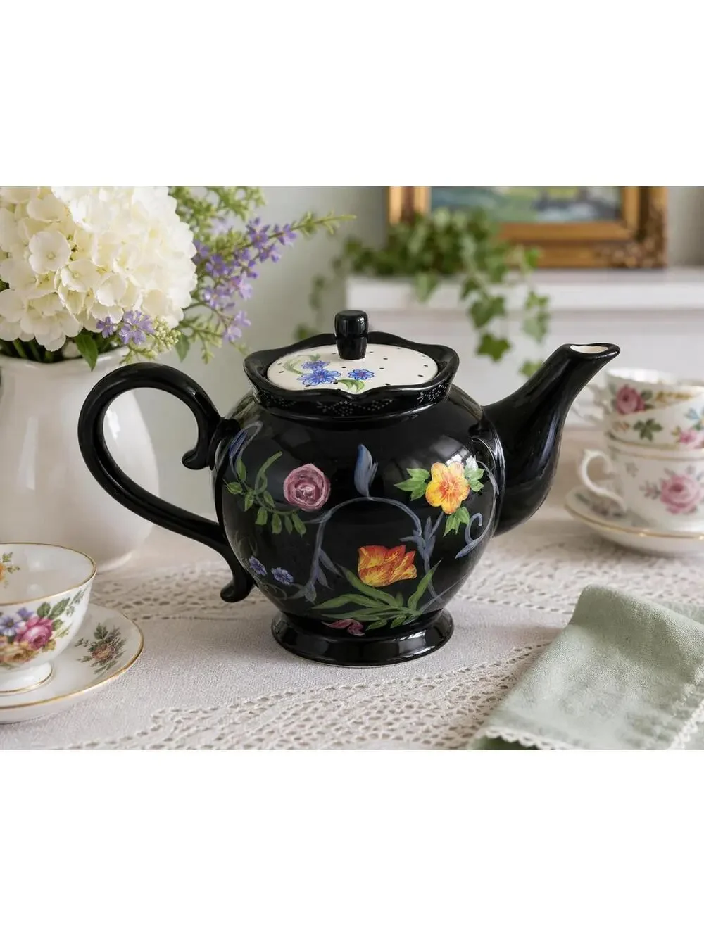 Vintage Bella Casa Ganz Black Floral Teapot Hand Painted w/ Original Sticker